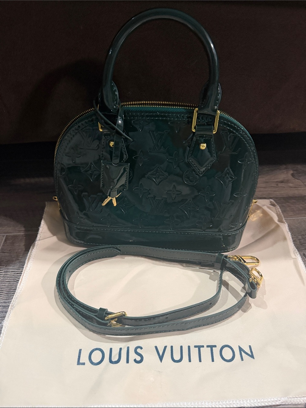 Louis Vuitton Vernis Alma BB Satchel in Dark Green with Gold Hardware